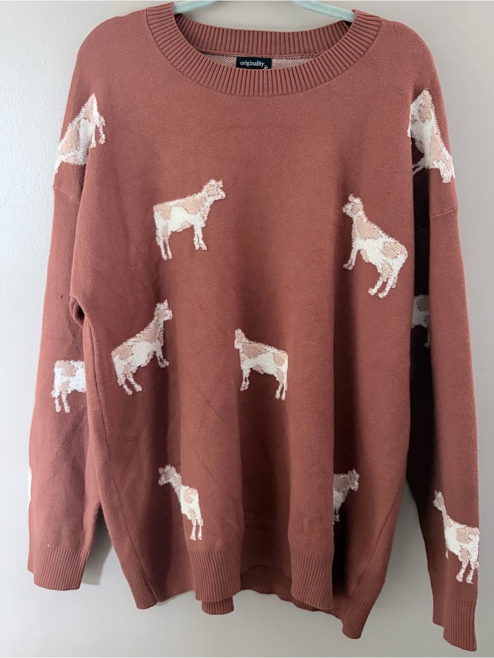 Originality XL Brown Cow Print Knit Sweater Oversized Knitwear